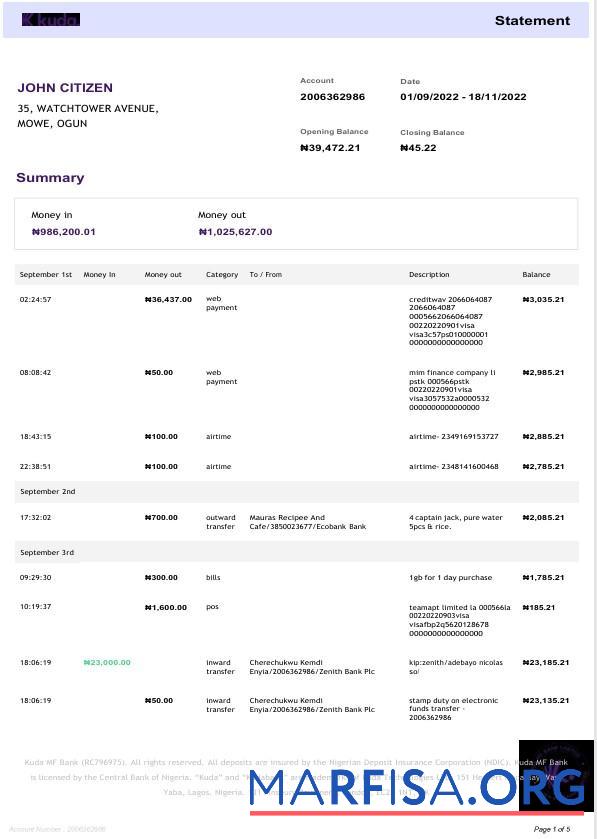 Blank Nigeria Kudabank statement word 4 pages sample